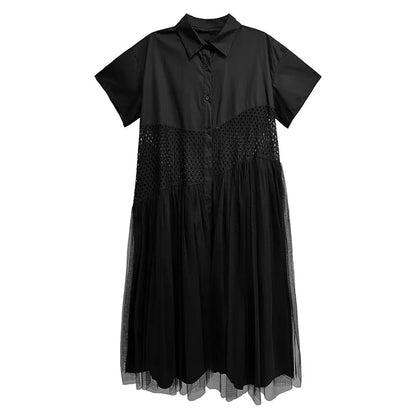 XITAO Patchwork Mesh Lapel Hollow Out Dress Casual A-line Short Sleeve Single Breasted Turn-down Collar Female Dress GYX1583