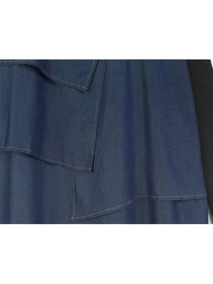 XITAO Casual Solid Color A-line Loose Popular Dress O-neck Full Sleeve Denim Patchwork Temperament Autumn Women Pullover GJ1121
