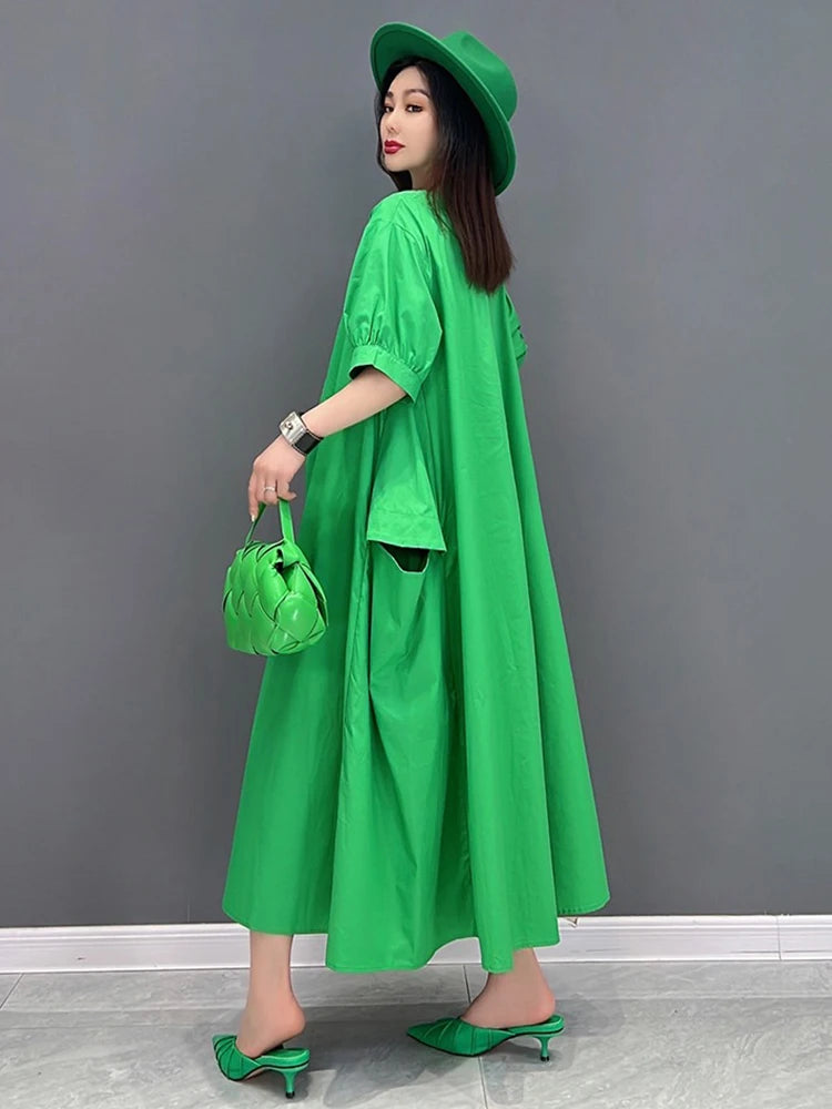 XITAO Casual V-neck Pocket Female Dress Loose Solid Color A-line Slimming Women Simple Temperament Short Sleeve Dress ZMY1079
