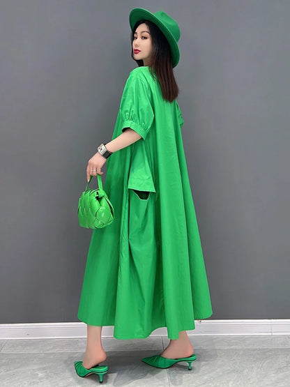 XITAO Casual V-neck Pocket Female Dress Loose Solid Color A-line Slimming Women Simple Temperament Short Sleeve Dress ZMY1079