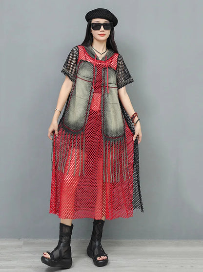 XITAO Hollow Out Patchwork Trend Dress Loose Contrast Color Short Sleeve Casual Personality Hooded Summer Woman Dress HQQ2510