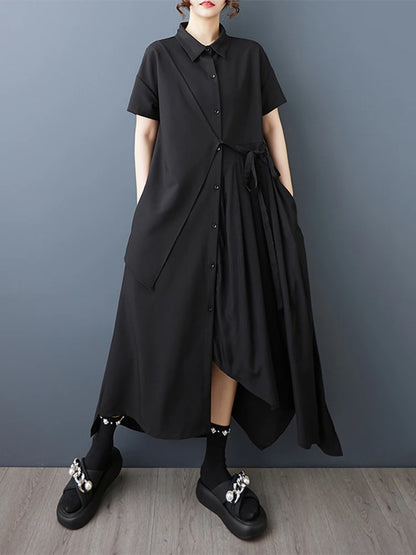 XITAO Irregular Solid Color Pleated Dress Drawstring Turn-down Collar Short Sleeve Slimming All-match Temperament Dress ZY8943