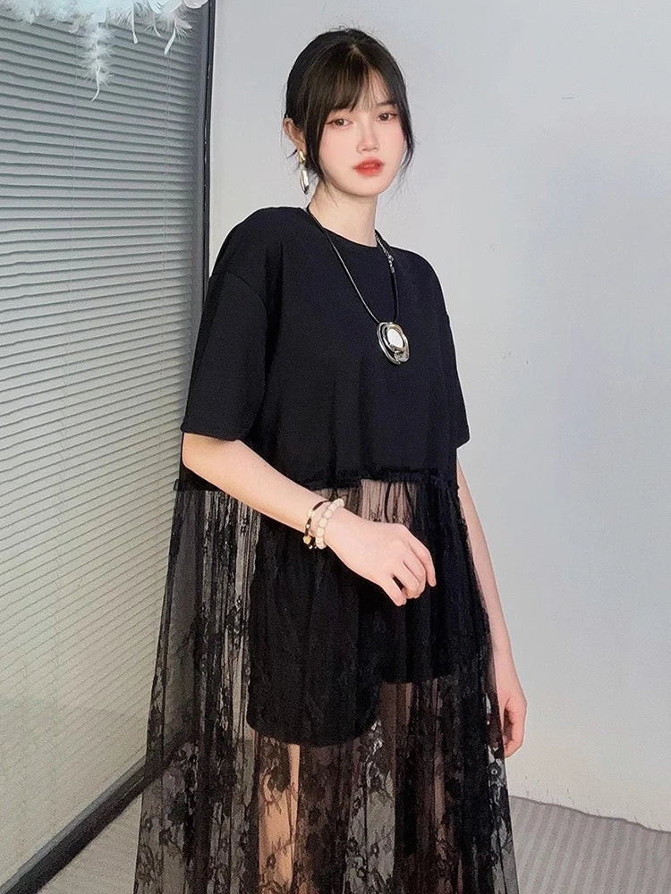 XITAO Patchwork Lace Perspective Pullover Dress Solid Color O-neck Short Sleeve Loose Casual Temperament Women Dress ZMY1245