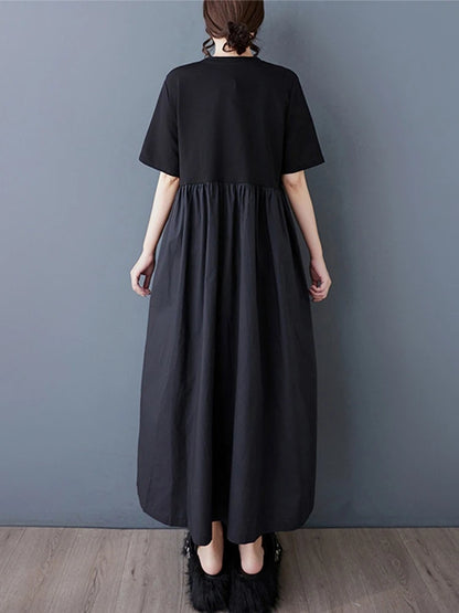XITAO Asymmetric Pleated Patchwork O-neck Dress Casual Loose Fitting A-line Short Sleeve Thin Pullover Women Dress ZMY1044