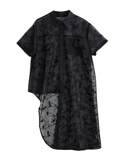 XITAO Asymmetrical Turn-down Collar Dress Single Breasted Solid Color A-line Patchwork Mesh New Summer Women Dress ZMY1360