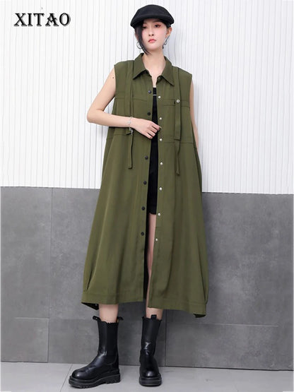 XITAO Single Breasted Turn-down Collar Dress Casual Solid Color Sleeveless A-line Fashion Ribbon Summer Women Dress HQQ2479