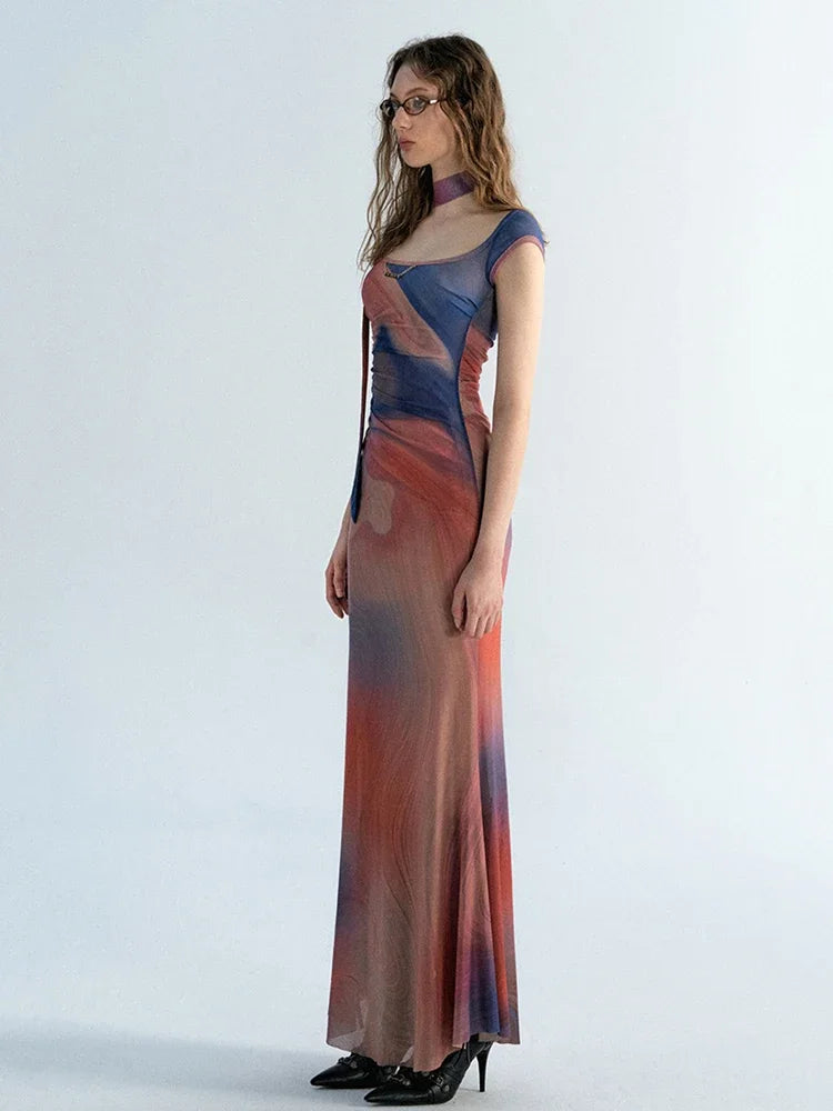 XITAO Sexy Slim Dress Fashion Tie Dye Print Big Square Collar Pullover Bandage Dress Initial Summer New Women LYD1077