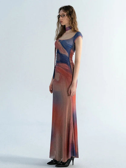XITAO Sexy Slim Dress Fashion Tie Dye Print Big Square Collar Pullover Bandage Dress Initial Summer New Women LYD1077