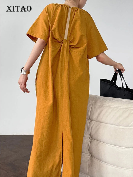 XITAO Back Hollow Out Loose Dress Solid Color Casual O-neck Temperament Short Sleeve Simple Slimming Summer Woman Dress ZMY1290
