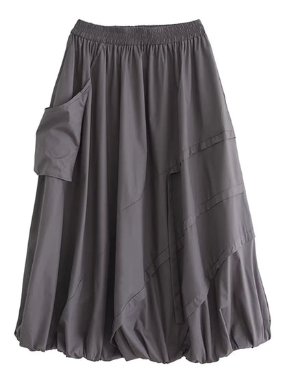 XITAO Casual Big Pocket Folds Skirt Solid Color Simple A-line Patchwork Women Loose All-match Trend Elastic Waist Skirt ZMY1166