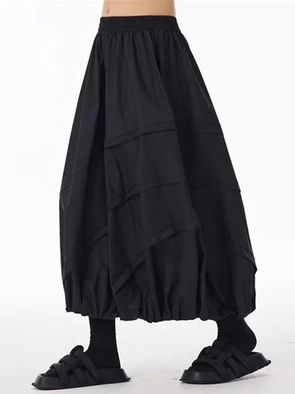 XITAO Casual Big Pocket Folds Skirt Solid Color Simple A-line Patchwork Women Loose All-match Trend Elastic Waist Skirt ZMY1166