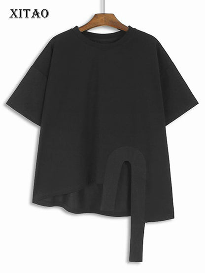 XITAO Loose Asymmetric Ribbon T-shirts Personality Irregular Hem Women Summer New Casual Trend Short Sleeve Top WLD20204