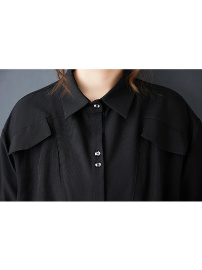 XITAO Drawstring Solid Color Dress Turn-down Collar Short Sleeve Slimming Patchwork Pocket Casual Summer Woman Dress ZMY1402