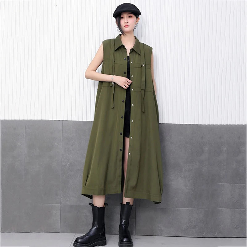 XITAO Single Breasted Turn-down Collar Dress Casual Solid Color Sleeveless A-line Fashion Ribbon Summer Women Dress HQQ2479