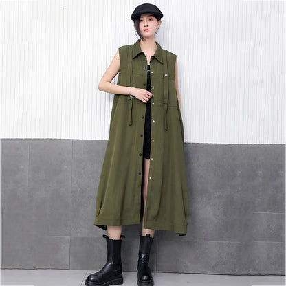 XITAO Single Breasted Turn-down Collar Dress Casual Solid Color Sleeveless A-line Fashion Ribbon Summer Women Dress HQQ2479