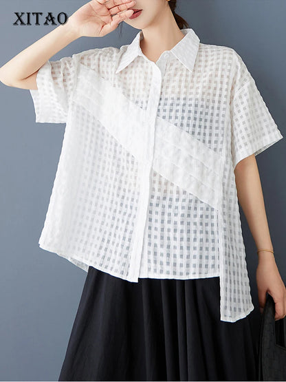XITAO Asymmetric Patchwork Shirt Casual Short Sleeve Turn-down Collar Solid Color Loose Fitting Summer Female Blouse ZMY1052