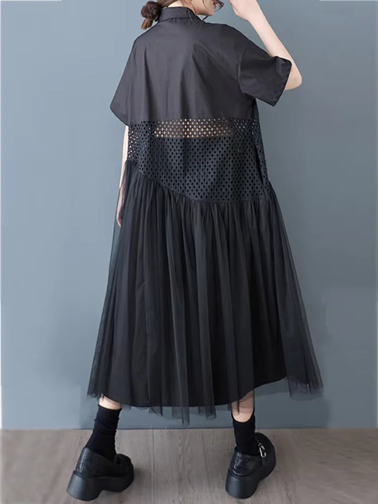 XITAO Contrast Color Hollow Out Patchwork Gauze Dress Turn-down Collar Short Sleeve Single Breasted Loose Casual Dress GYX1617