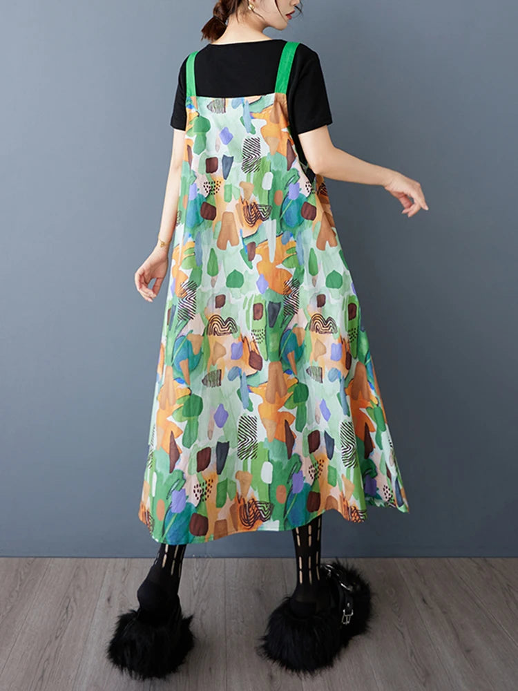 XITAO Print Pocket Sleeveless Dress Straps A-line Contrast Color Casual Loose Fitting All Match New Summer Women Dress HQQ2473