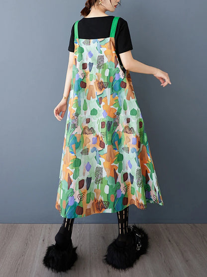XITAO Print Pocket Sleeveless Dress Straps A-line Contrast Color Casual Loose Fitting All Match New Summer Women Dress HQQ2473