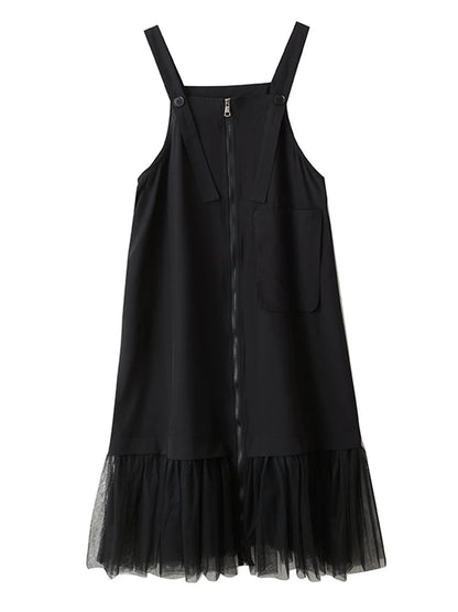 XITAO Gauze Patchwork Pocket Dress Solid Color Square Collar Sleeveless Loose Casual Slimming Summer Woman Straps Dress ZMY1313