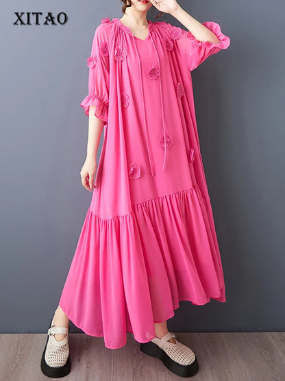 XITAO Three-dimensional Decoration Flower Dress O-neck Bandage Patchwork Solid Color Temperament Slim All Match Dress ZMY1356