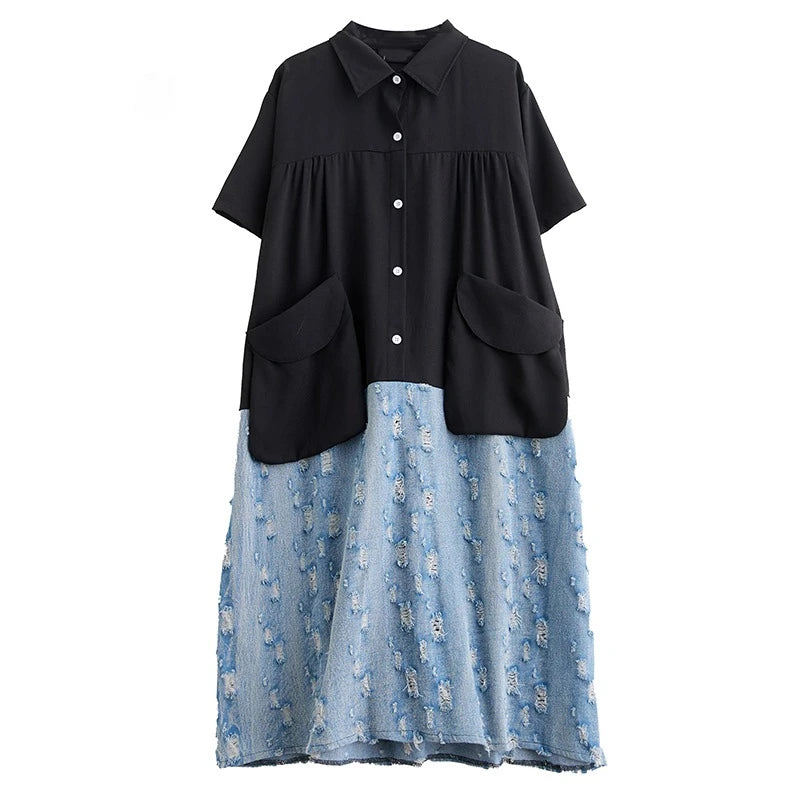 XITAO Contrast Color Patchwork Pocket Female Dress Pullover Turn-down Collar Short Sleeve Casual Loose Slimming Dress ZMY1059