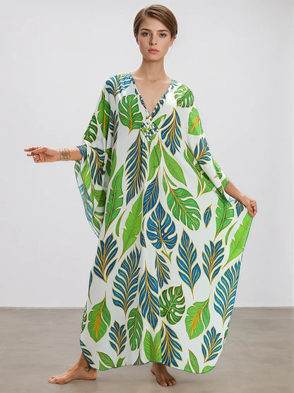 XITAO Loose Bat Wing Sleeve V-neck Dress Side Slit Trend New Arrival Fashion Pullover Summer Print All-match Woman Dress GJ1197