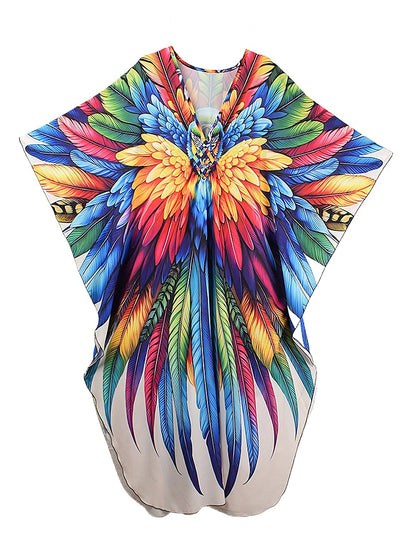 XITAO Feather Print Pullover Loose Dress Bat Wing Sleeve V-neck Vintage Side Slit A-line Casual Summer Woman Trend Dress GJ1176