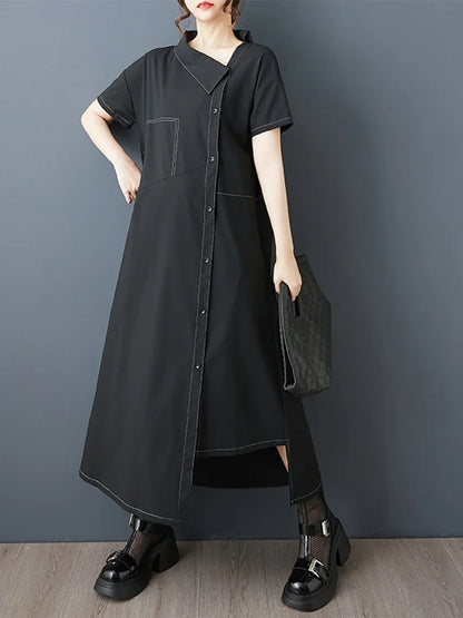 XITAO Solid Color Asymmetrical Vintage Dress Short Sleeve Single Breasted Personality Loose Slimming Summer Woman Dress ZMY1316