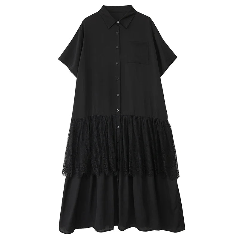 XITAO Patchwork Lace Pleated Women Dress Casual Loose Fitting A-line Simple Fashion Single Breasted Summer Women Dress ZMY1251
