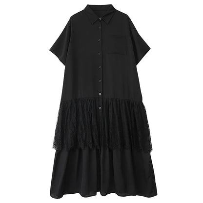 XITAO Patchwork Lace Pleated Women Dress Casual Loose Fitting A-line Simple Fashion Single Breasted Summer Women Dress ZMY1251