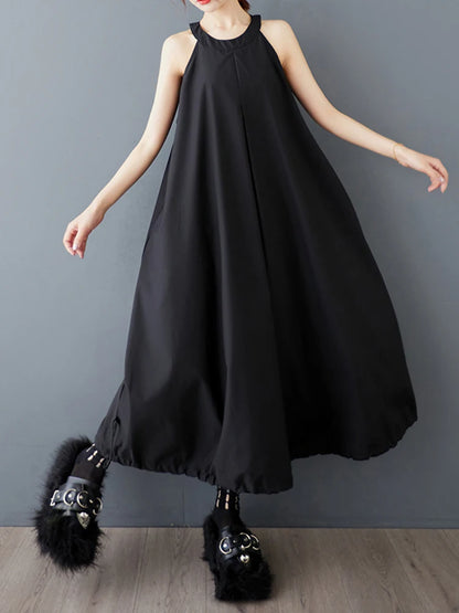 XITAO Pleated Drawstring O-neck Dress Sleeveless A-line Simple Solid Color Personality Pullover Summer Women Dress ZMY1161