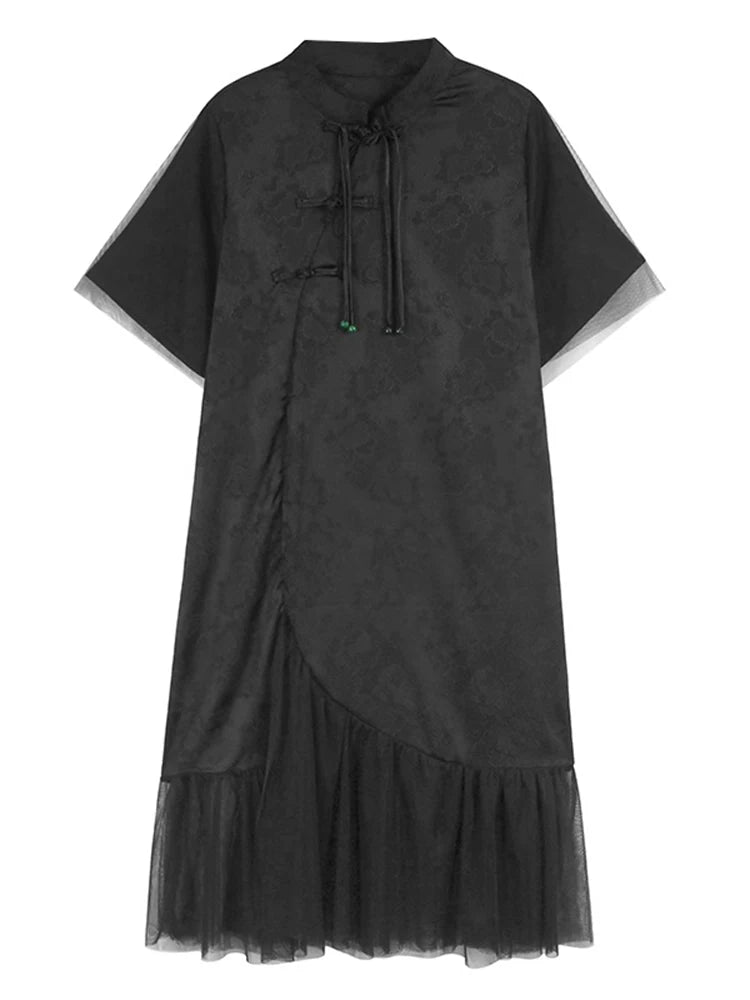 XITAO Mesh Patchwork Stand Collar Dress Casual New Chinese Style Asymmetrical A-line All Match Summer Women Dress ZMY1203