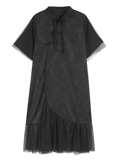 XITAO Mesh Patchwork Stand Collar Dress Casual New Chinese Style Asymmetrical A-line All Match Summer Women Dress ZMY1203