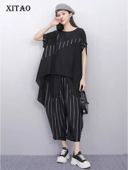 XITAO Asymmetrical Stripe Patchwork O-neck Sets Casual Loose Fitting Short Sleeve Pullover Simple Summer Female Set ZMY1326
