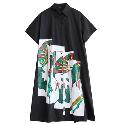 XITAO Patchwork Cartoon Print Dress Single Breasted Casual Short Sleeve Turn-down Collar Sweet New Summer Female Dress GJ1140