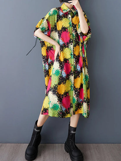 XITAO Print Shirring Pocket Turn-down Collar Dress Women Short Sleeve Loose Casual Temperament Slimming Shirt Dress GYX1616