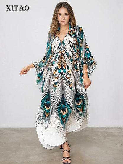 XITAO A-line Pullover Vintage Dress Peacock Print Side Slit Slimming New Arrival V-neck Casual Summer Woman Loose Dress GJ1183