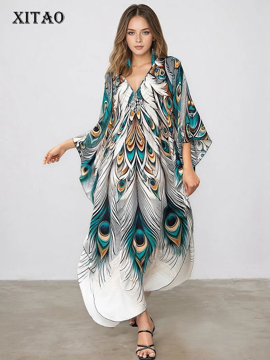 XITAO A-line Pullover Vintage Dress Peacock Print Side Slit Slimming New Arrival V-neck Casual Summer Woman Loose Dress GJ1183