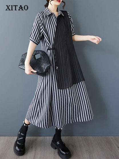 XITAO Striped Sequined Patchwork Female Dress Loose Turn-down Collar Asymmetrical Personality Summer Woman Shirt Dress ZMY1241