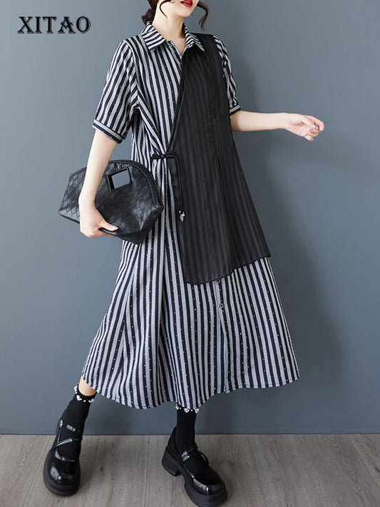 XITAO Striped Sequined Patchwork Female Dress Loose Turn-down Collar Asymmetrical Personality Summer Woman Shirt Dress ZMY1241