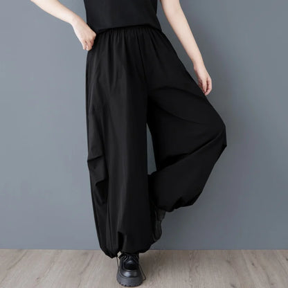 XITAO Shirring Pocket Patchwork Pant Solid Color Elastic Waist Casual Slimming All Match Loose Wide Leg Pants Spring ZY8935