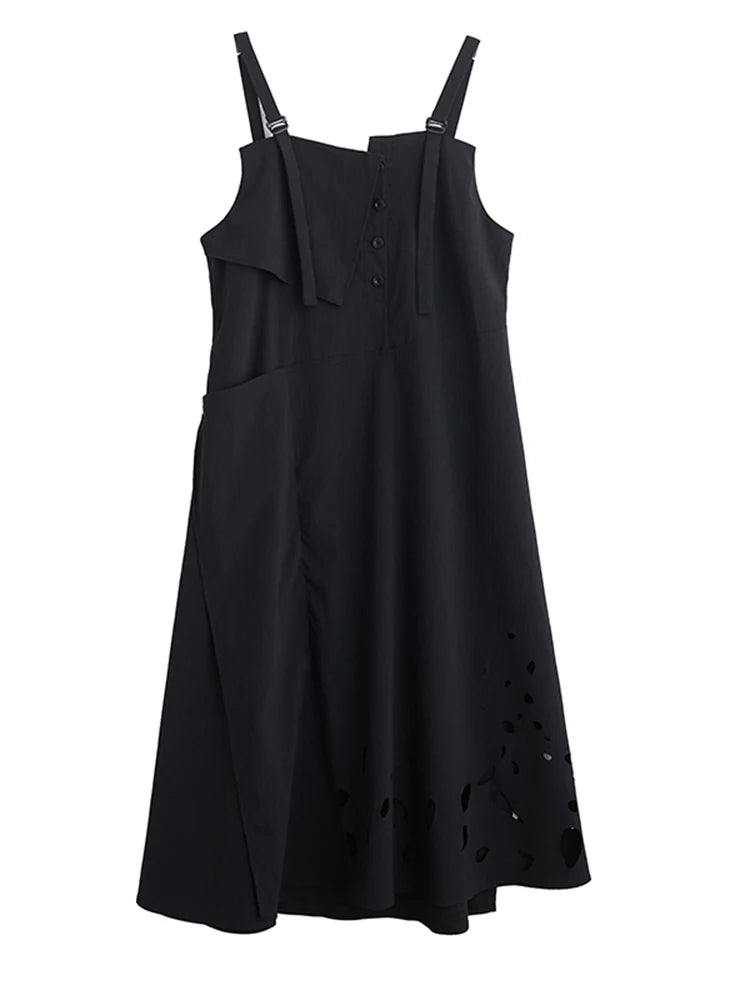 XITAO Hollow Out Solid Color Dress Loose Vintage Casual Sleeveless Asymmetrical Simple Patchwork Summer Woman Dress ZMY1401