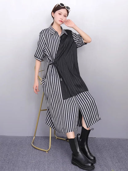 XITAO Irregular Contrast Color Dress Patchwork Striped Short Sleeve Turn-down Collar Temperament Summer Woman Dress ZMY1277