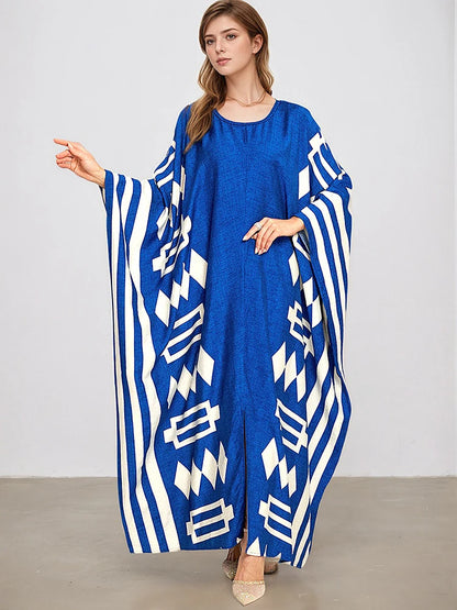 XITAO A-line Print O-neck Dress Bat Wing Sleeve Temperament Slimming Side Slit Print Personality Summer Female Dress GJ1190