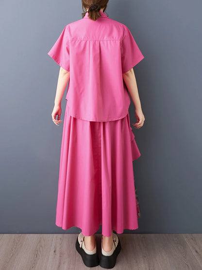 XITAO Embroidery Patchwork Gauze Sets Turn-down Collar Short Sleeve Two-piece Elastic Waist A-line Summer Dress Sets ZMY1389