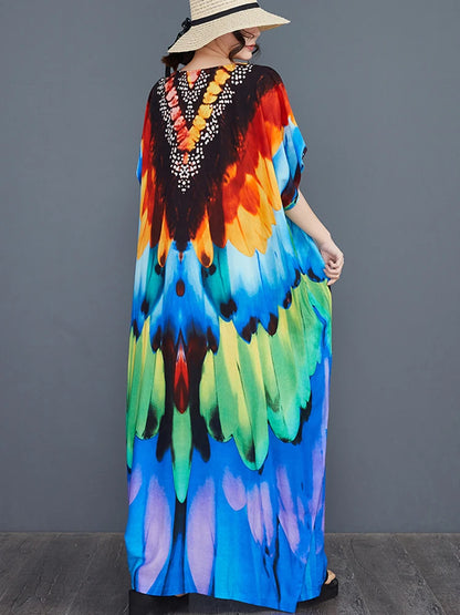 XITAO Print V-neck Batwing Sleeve Contrast Color Dress Pullover Loose Temperament Casual Slimming Personality Dress GYX1515