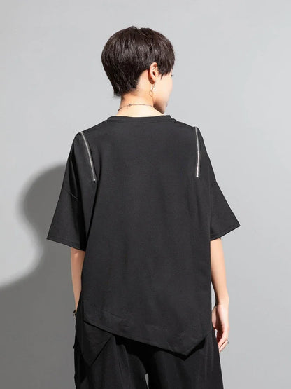 XITAO Asymmetrical Patchwork Zipper T-shirts Loose Show Thin Summer New Casual Fashion Temperament All Match Top DMJ1179