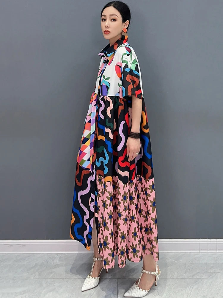 XITAO Print Short Sleeve Single Breasted Female A-line Dress Fashion Patchwork Loose Casual Summer Women New Dress ZY8807