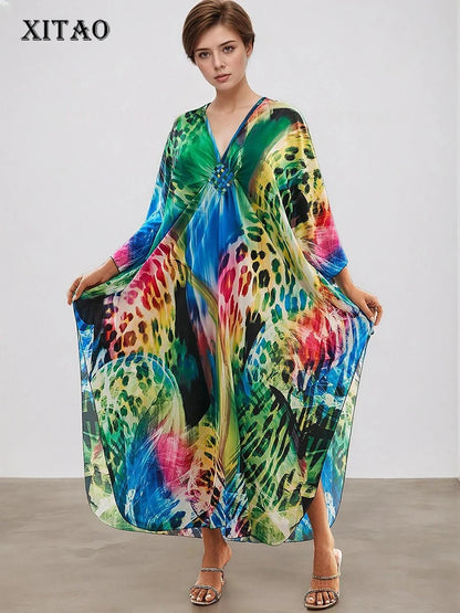 XITAO Female Contrast Color Female Dress Leopard Print V-neck Bat Wing Sleeve Vintage Personality Summer Woman Dress GJ1181